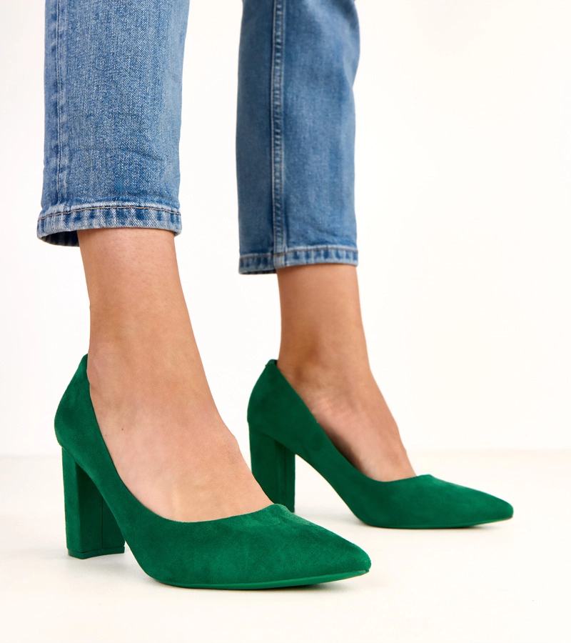 Pantofi verde cu toc gros din piele întoarsă ecologică Alyssa