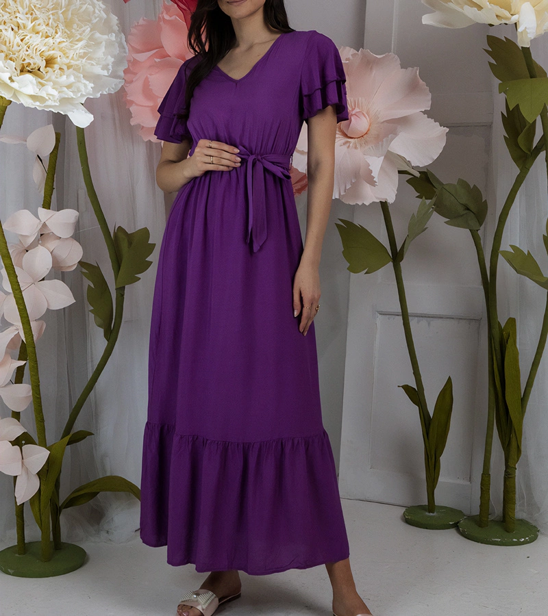 Rochie maxi mov Akina cu maneci scurte