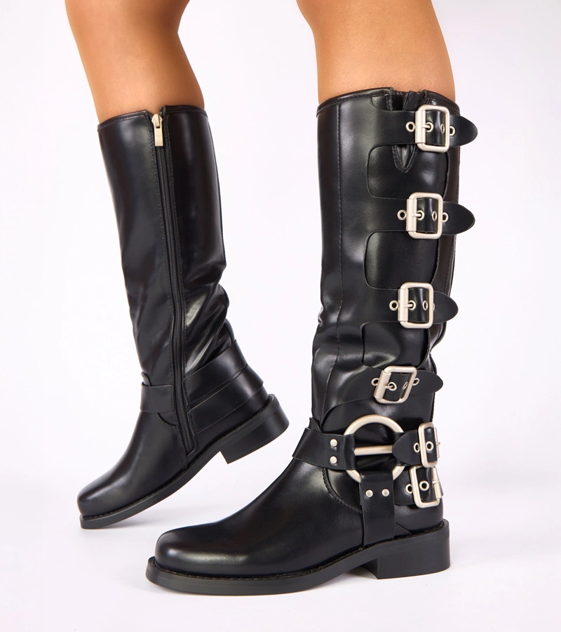 Cizme negre fără toc decorate cu catarame Taliba