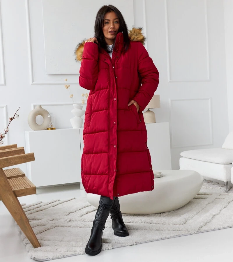 Jachetă lungă roșie cu glugă detașabilă Fela