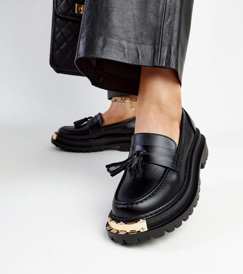 Mocasini masivi negri cu inserții aurii Tuga