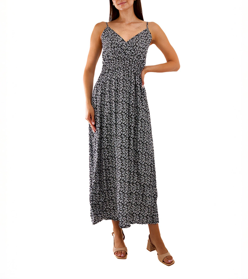 Rochie maxi neagră cu flori Esperia 6905 BLACK