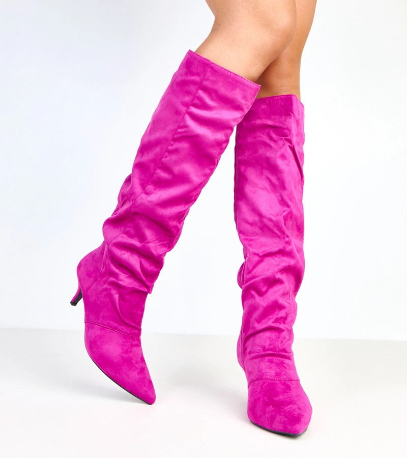 Cizme din piele întoarsă mov cu toc subțire jos Tristi