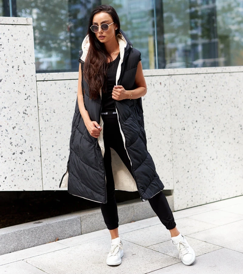 Jilet lung reversibil negru și bej Simona