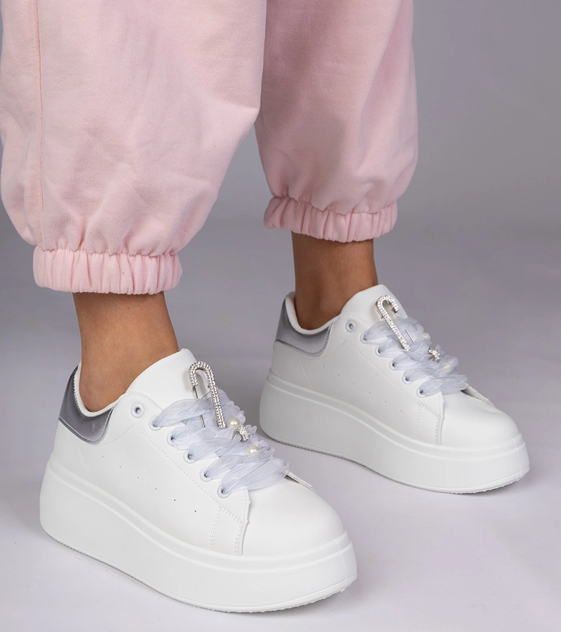 Adidași albi cu inserție argintie și toc cu zirconii Floura