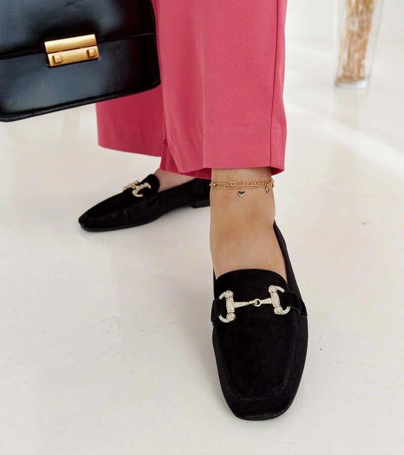 Mocasini de velur negru cu zirconii Fabrizia