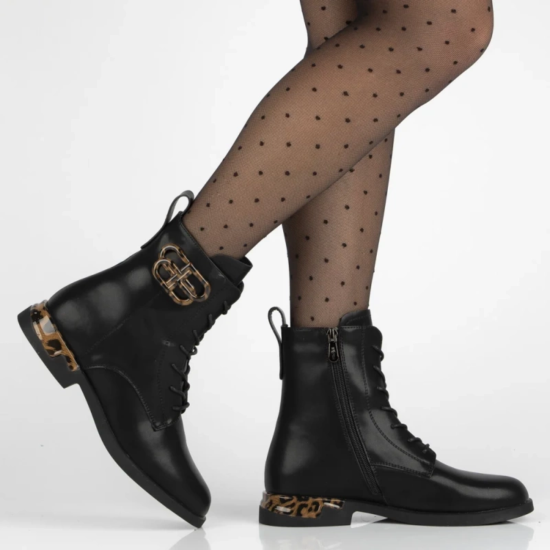 Ghete negre din piele naturală decorate cu imprimeu leopard Ricka