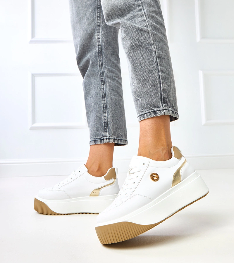 Adidași albi pe platformă cu motiv auriu Baresi