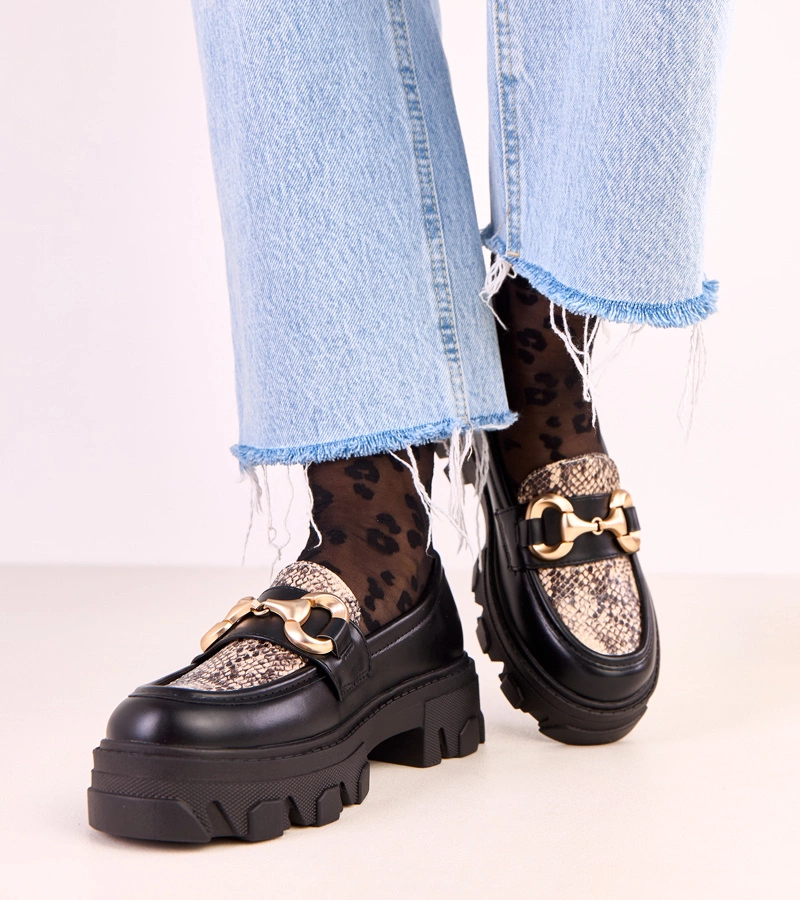 Mocasini negri cu motiv de piele de șarpe și decorațiune aurie Ruben