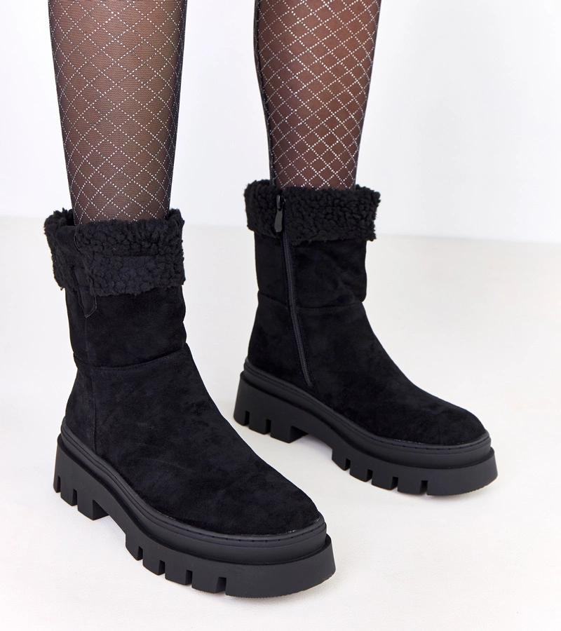 Cizme negre cu blană pe talpă masivă Kalerej