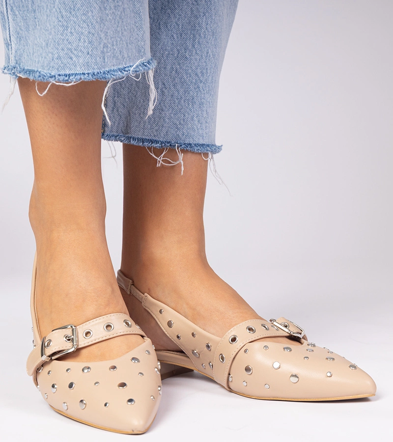 Pantofi bej pentru femei cu toc jos și călcâi decupat Salineo