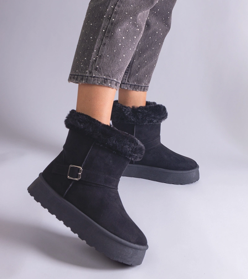 Cizme de zăpadă negre îmblănite decorate cu blană Iglesia