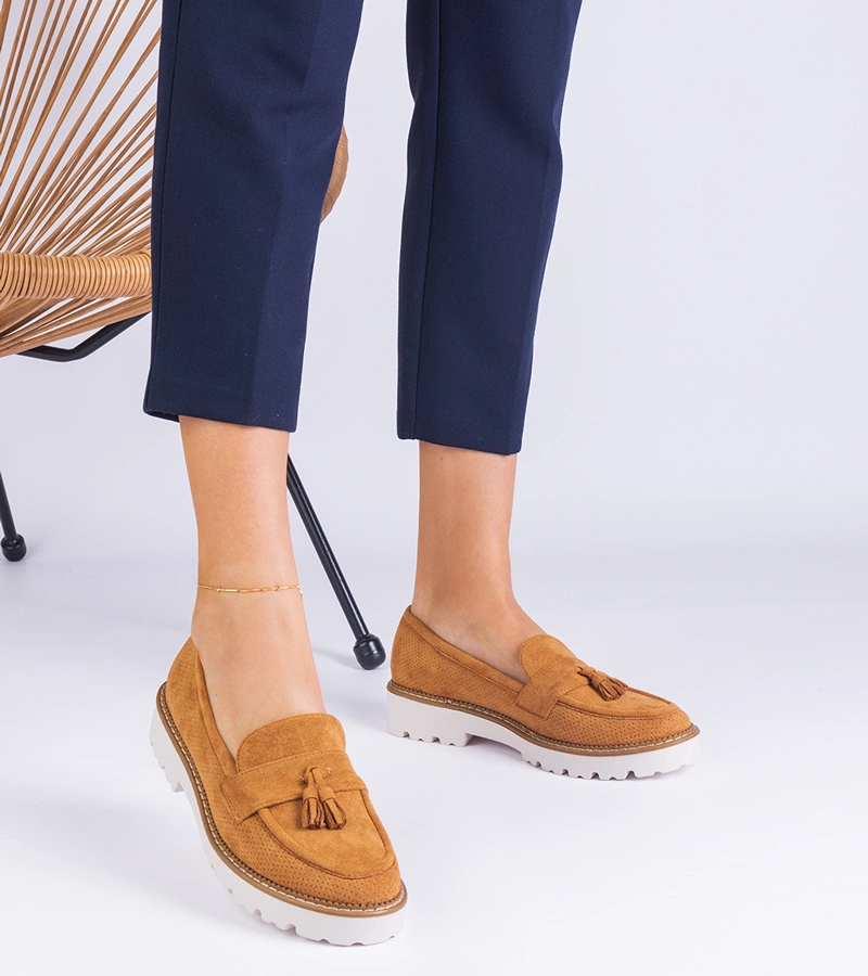 Balada mocasini de damă maro din piele ecologică întoarsă cu ornamente