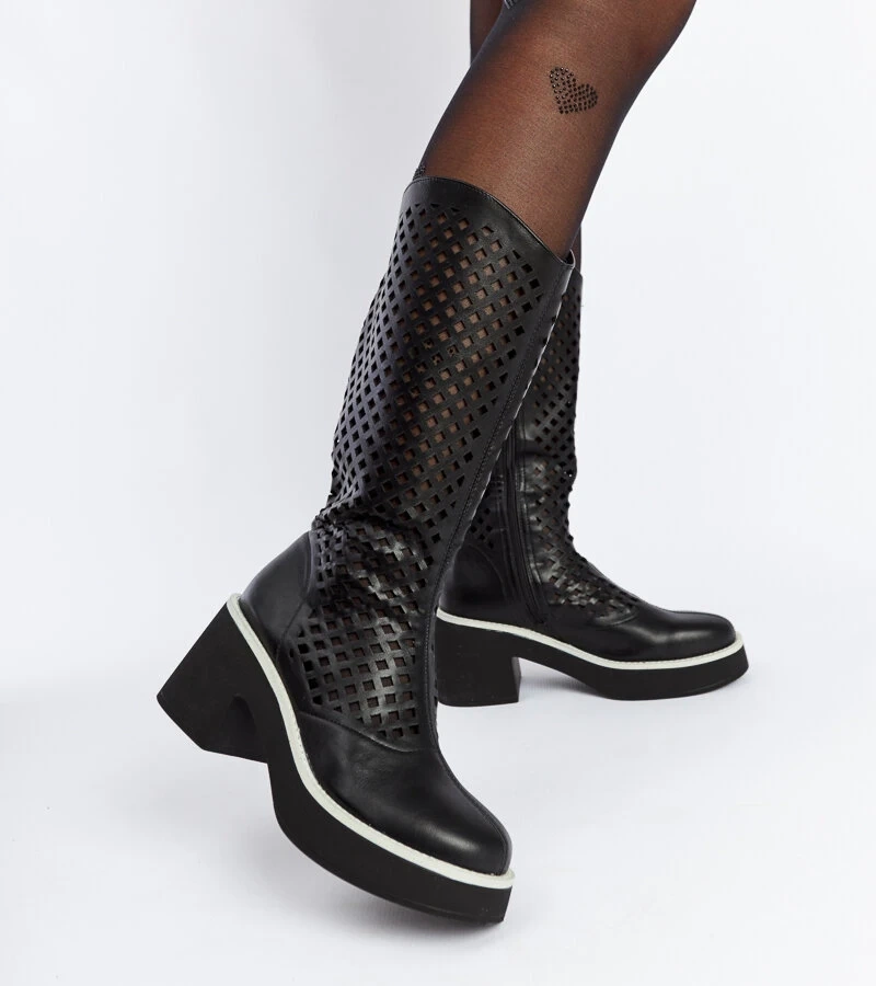 Botine negre perforate cu toc Anahola