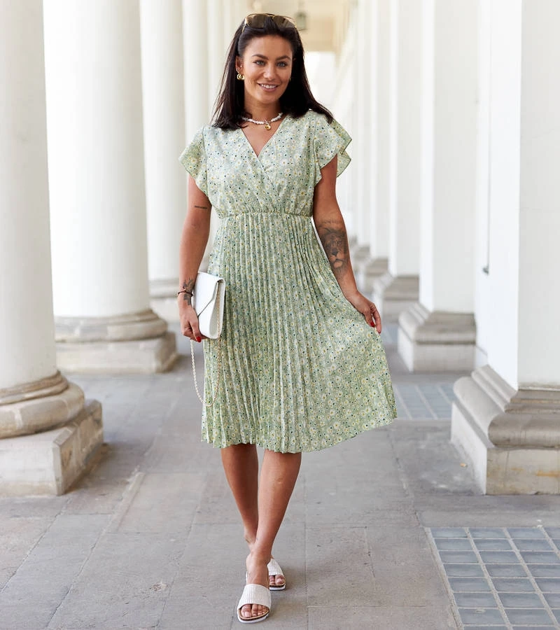 Rochie verde plisată cu flori de Viminale