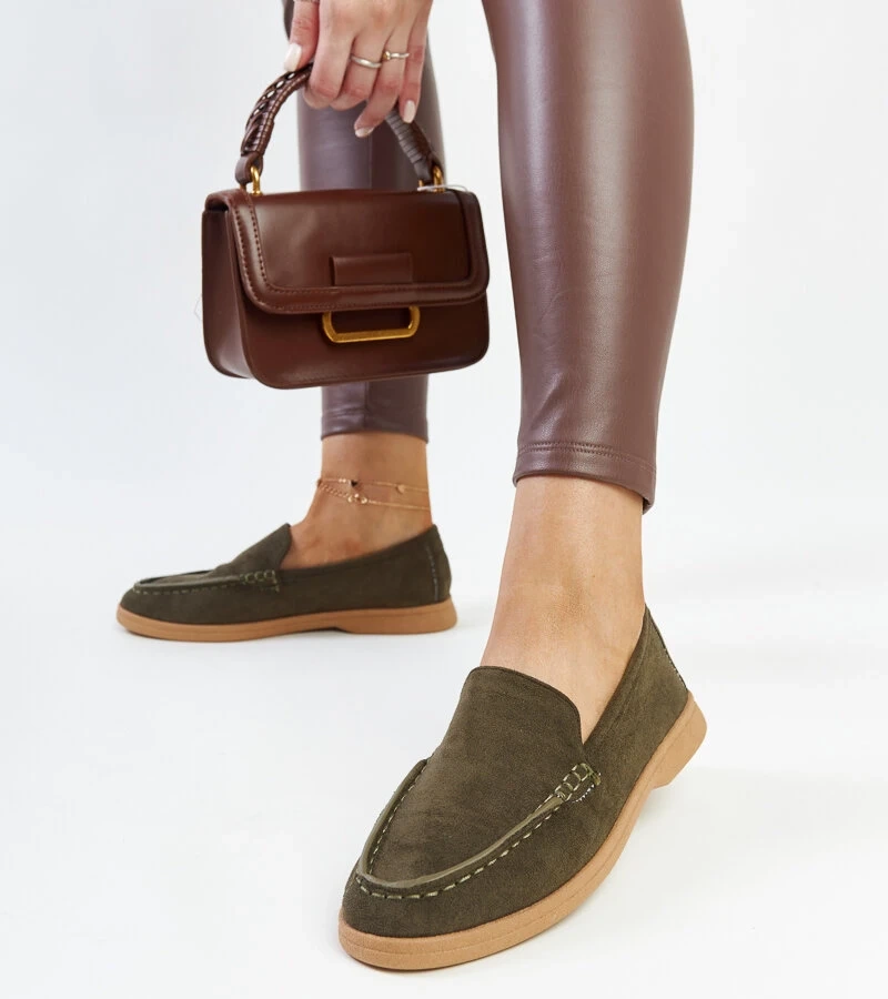 Pantofi semi-brogați de culoare verde închis din velur Rumay