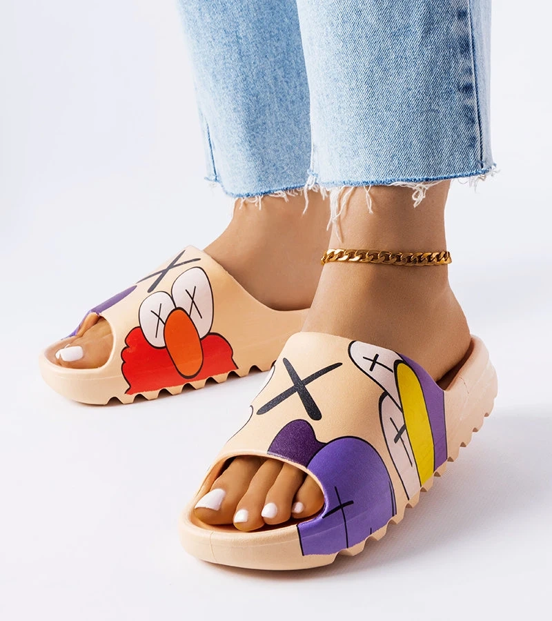 Șlapi Lindale bej închis cu imprimeu bej închis