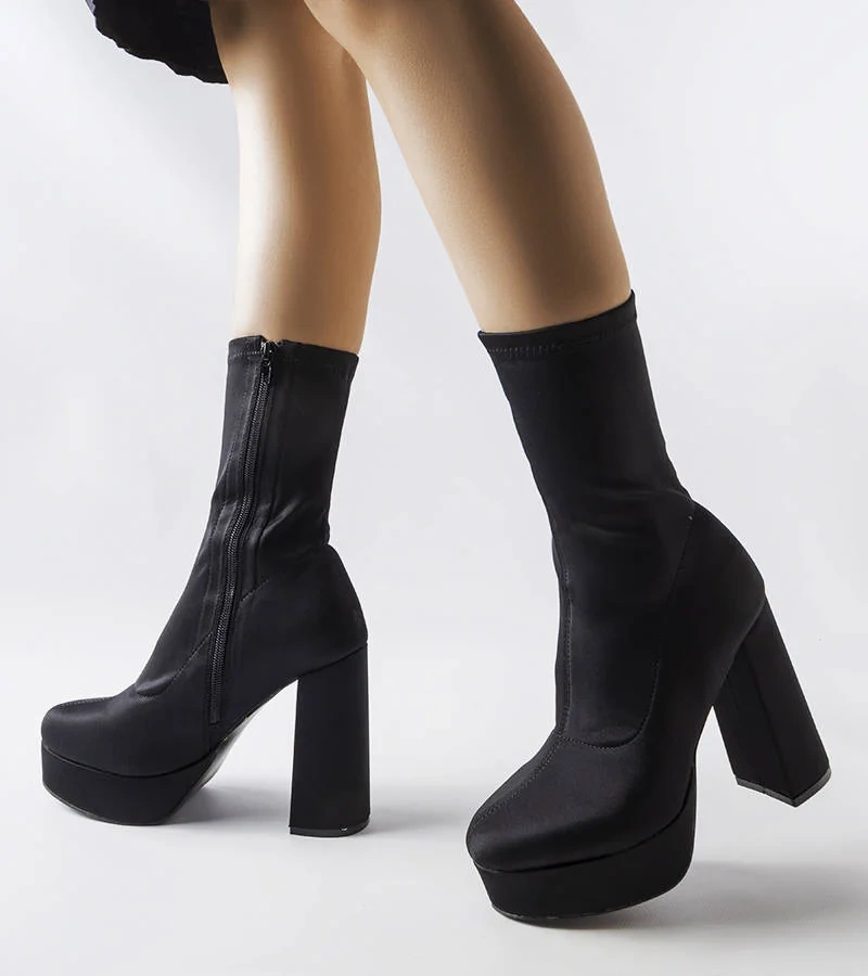 Cizme din satin negru cu toc stiletto masiv Glus