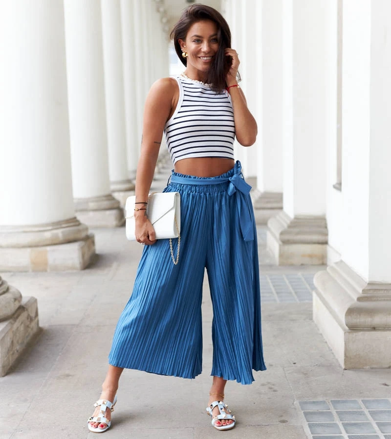 Pantaloni cu pliuri largi, albastru Artemio BQ865-2# BLUE