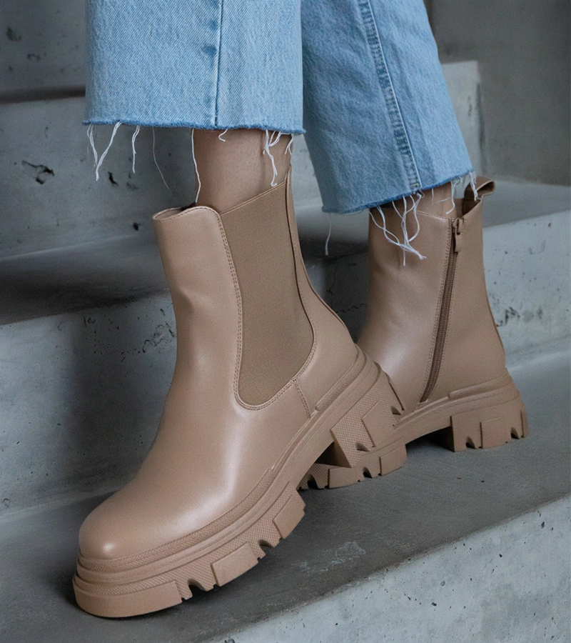 Botine bej îmblănite cu fermoar piele ecologică Amaris