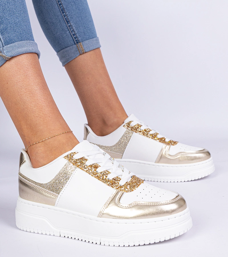 Adidași aurii de damă cu talpă groasă decorați cu sclipici Dolla