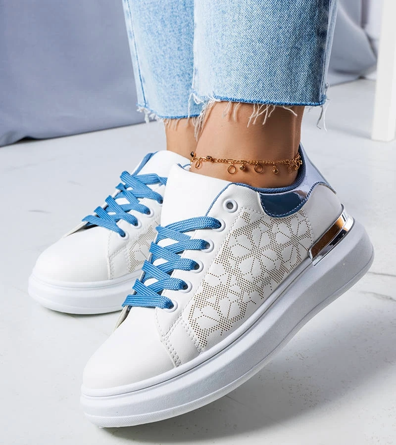 Pantofi albi și albaștri decorați cu perforații Erin