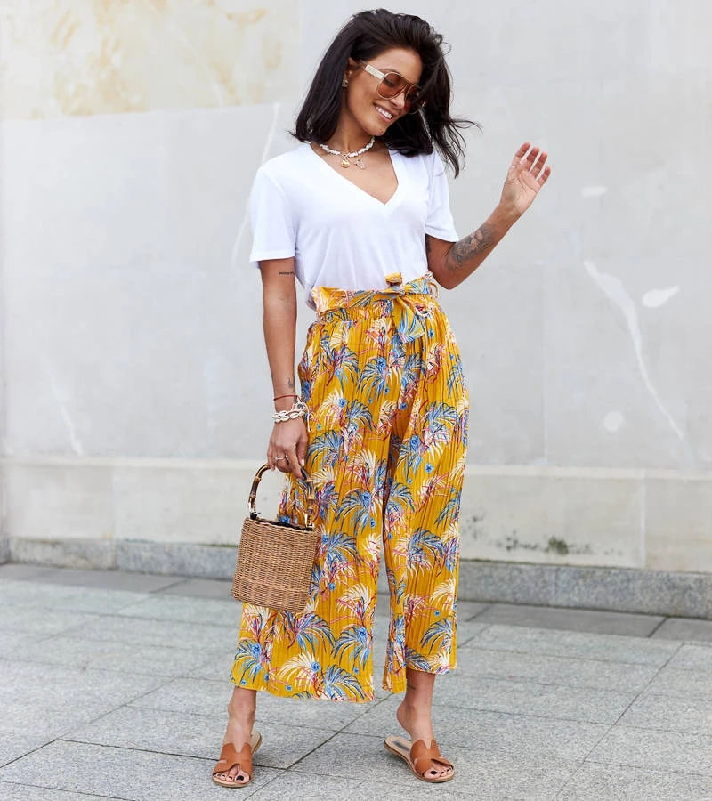 Pantaloni largi cu pliuri largi galben pentru femei Sijam