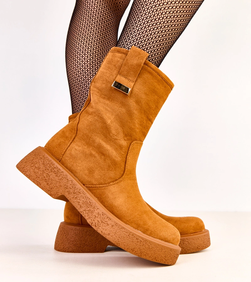 Botine maro din piele ecologică întoarsă cu decorațiune aurie Mileda