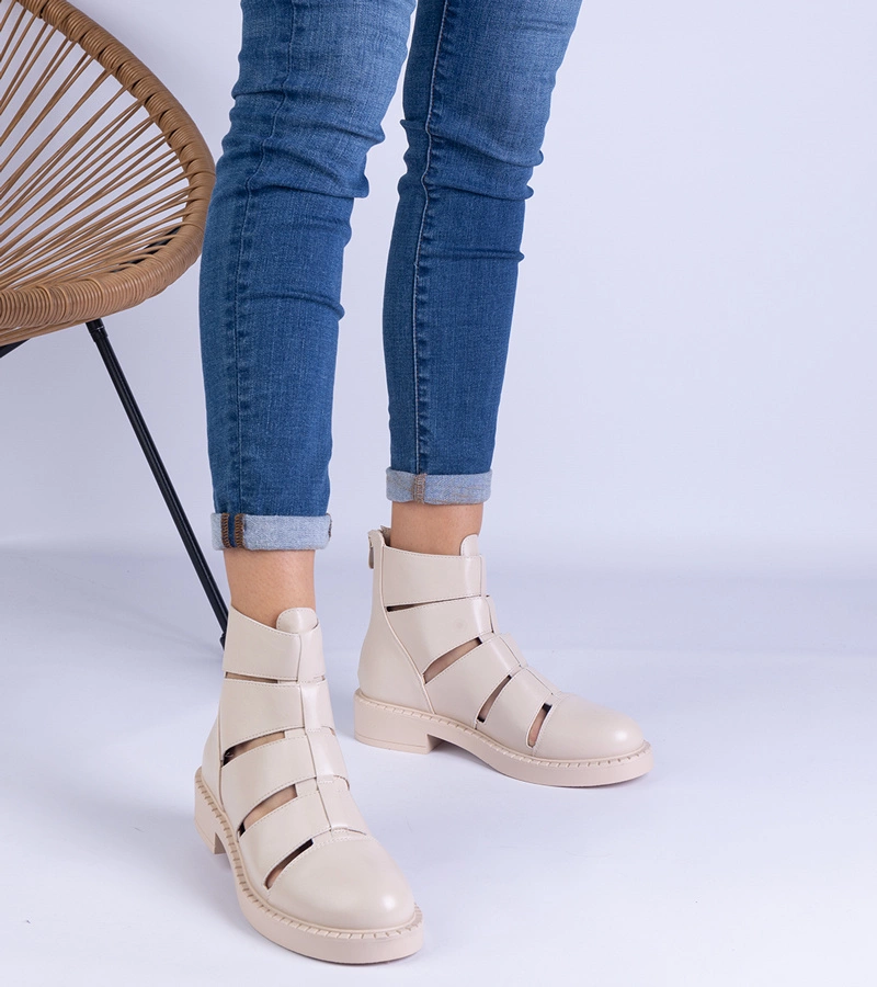 Botine bej din piele ecologică cu decupaje pe talpă plată Kalipso