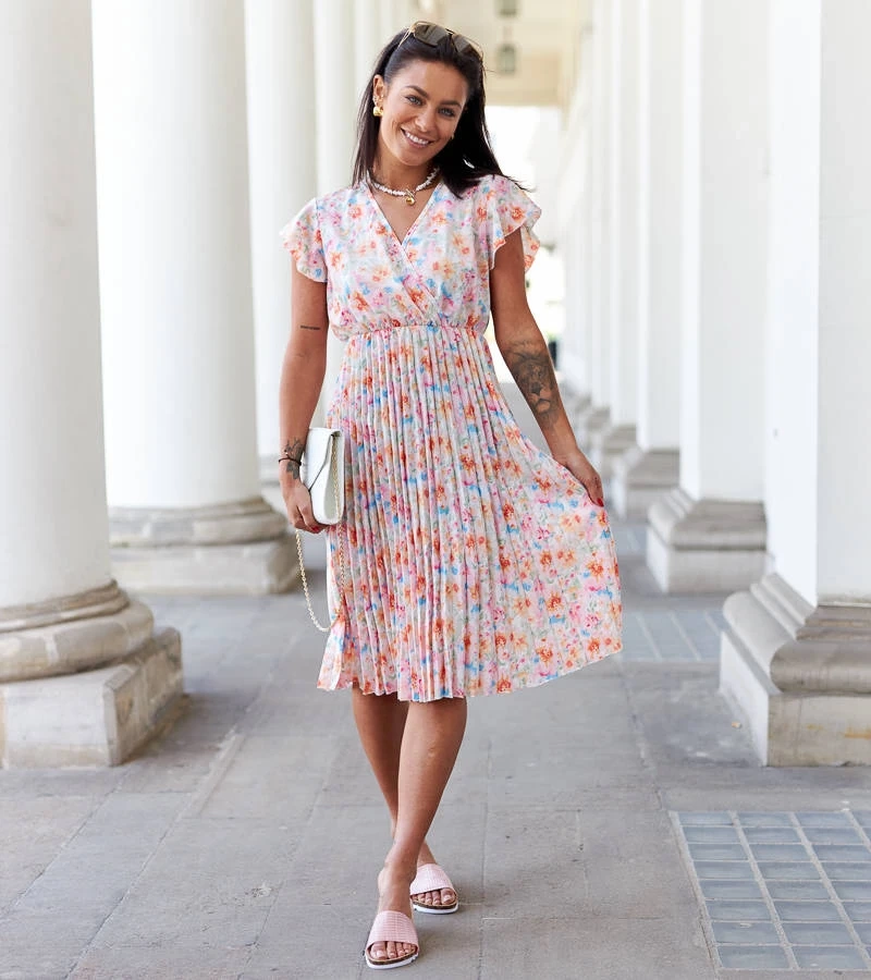 Rochie cu pliuri florale roz Ottavio