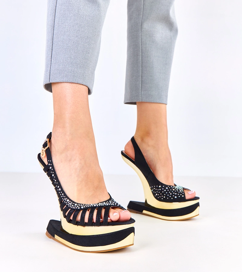 Sandale negre cu zirconii pe toc futurist Kenni