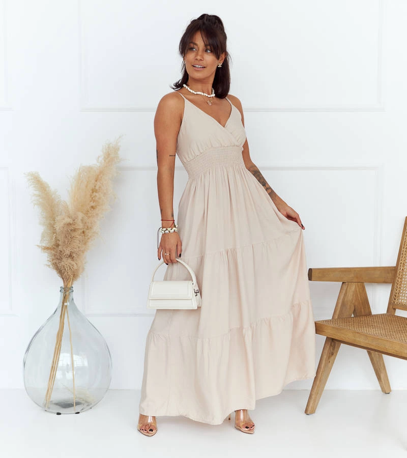 Rochie maxi bej în stil boho de Trill