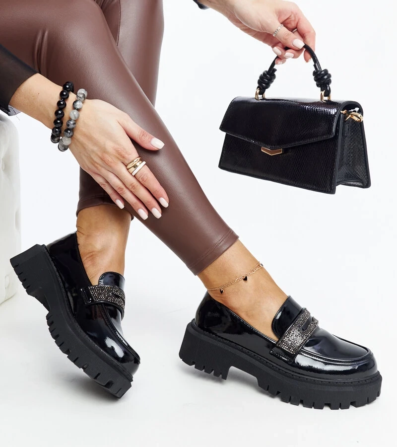 Mocasini negri împodobiți cu zirconii de la Leceta