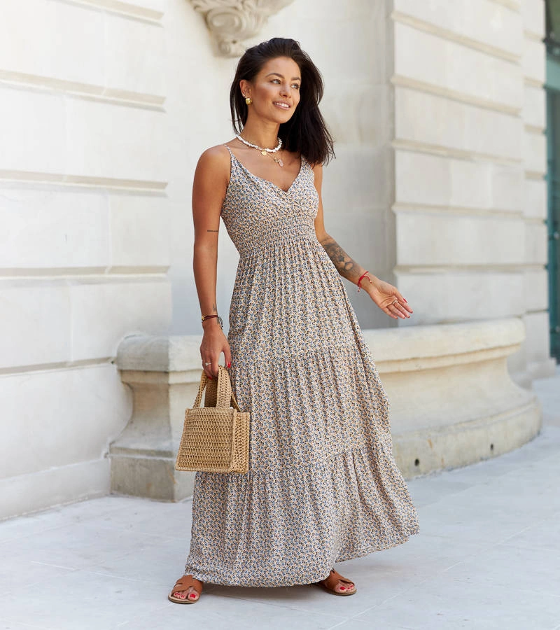 Rochie maxi portocalie-albastră cu bretele Fabíola