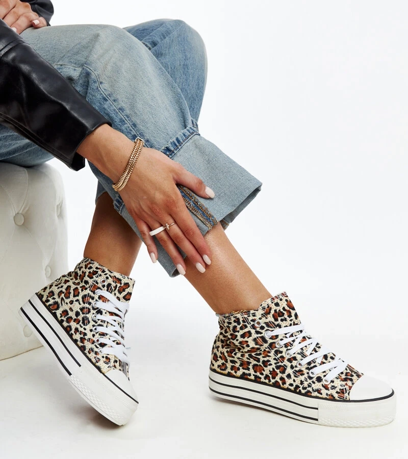 Teniși înalți cu imprimeu de leopard pe talpă groasă Bagy