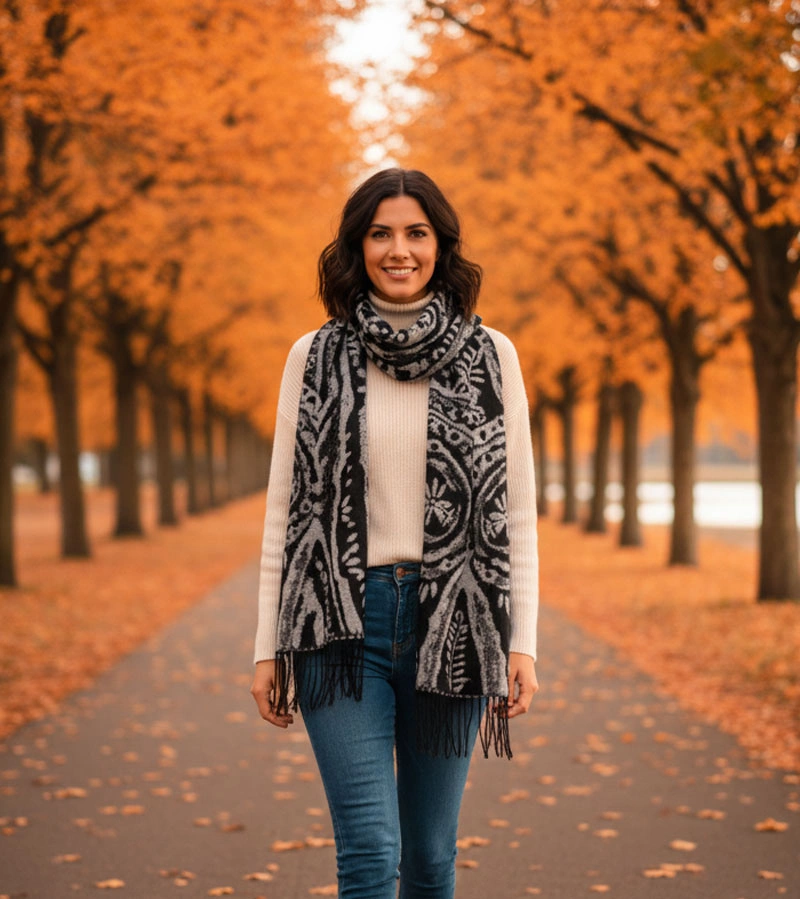 Fular alb-negru cu flori Colonie