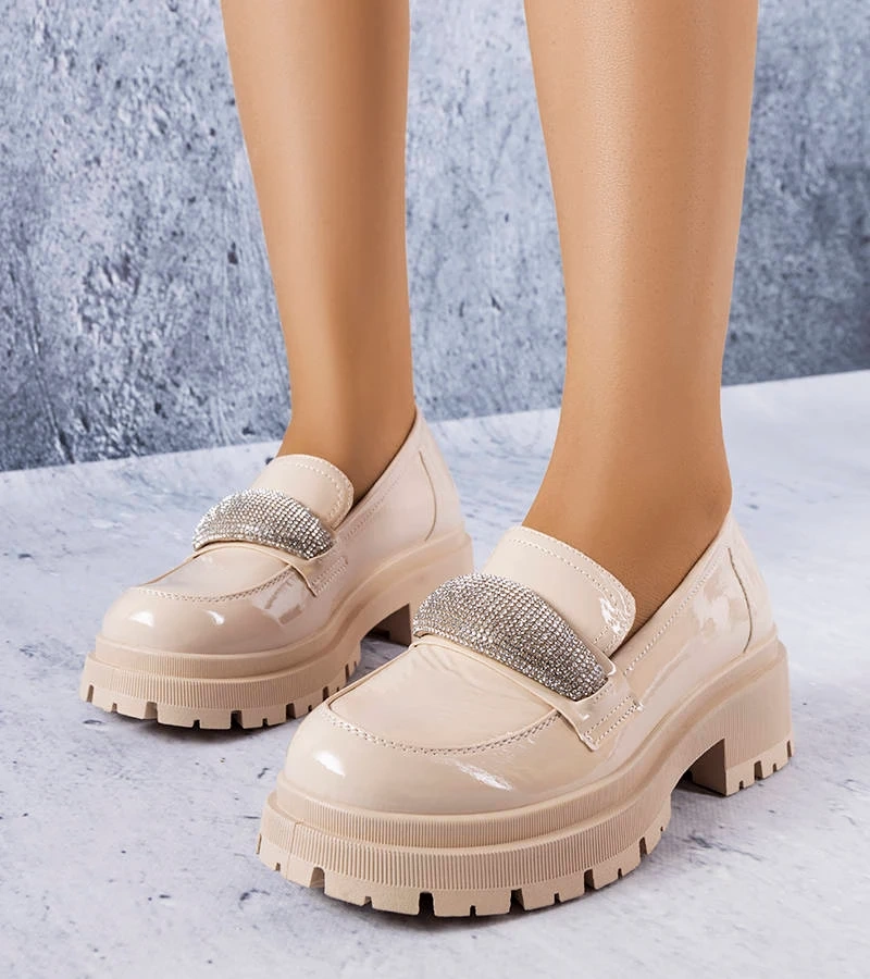 Pantofi jumătate lăcuiți bej cu zirconiu Mouss