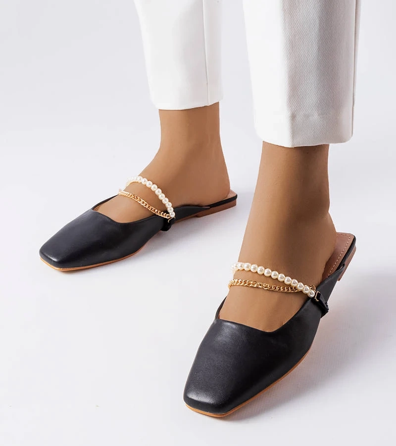 Flip-flops negri cu perle și lanț Langle