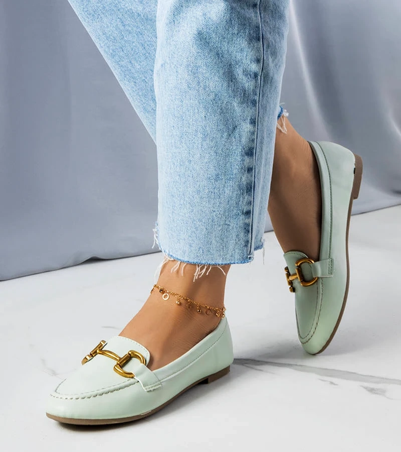 Mocasini verzi cu ornament auriu Regina