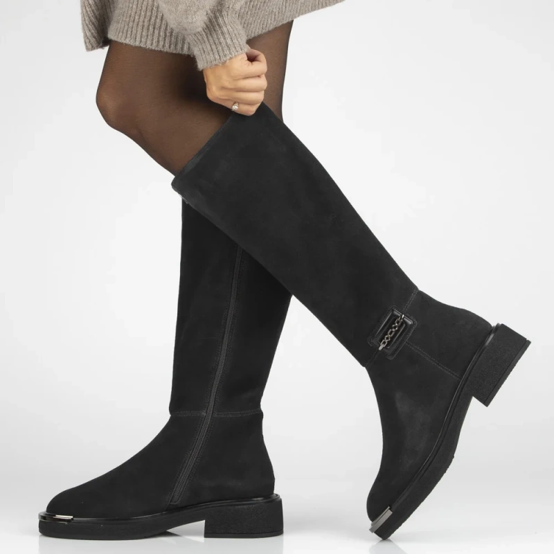 Cizme gri grafit din piele întoarsă naturală cu vârf decorativ Charlie