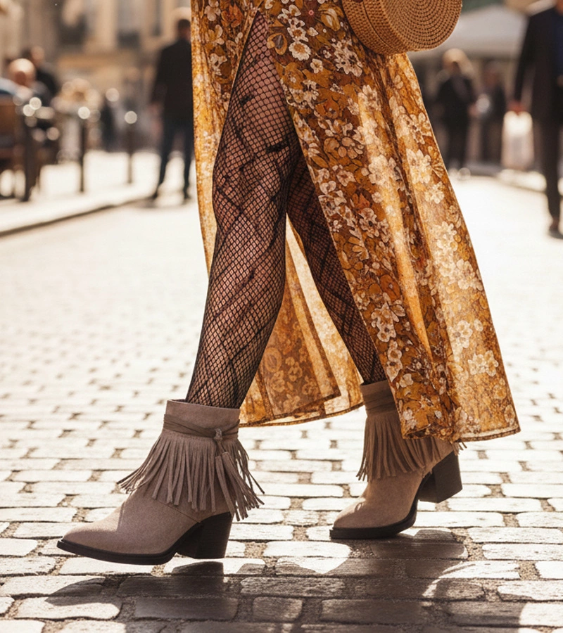 Ghete scurte bej închis cu toc gros decorate cu franjuri Mulan