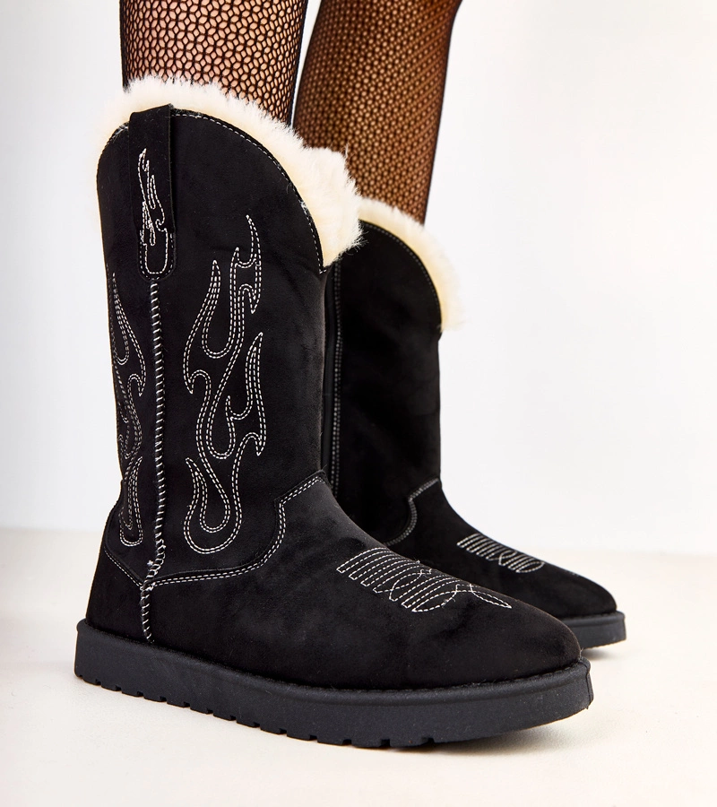 Cizme de zăpadă negre cu broderie pe gambă Darena