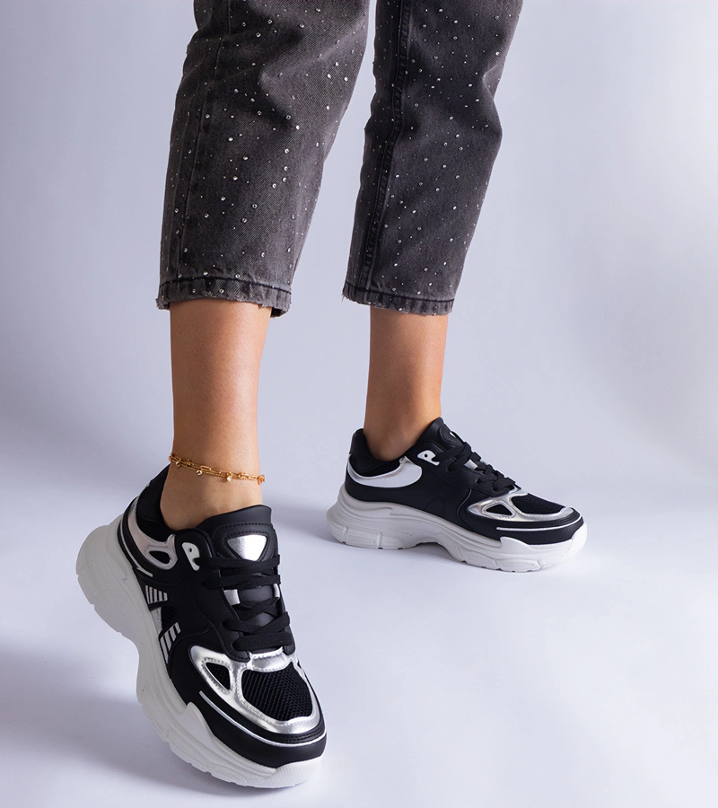 Adidași negri de damă cu inserții argintii Gaytan