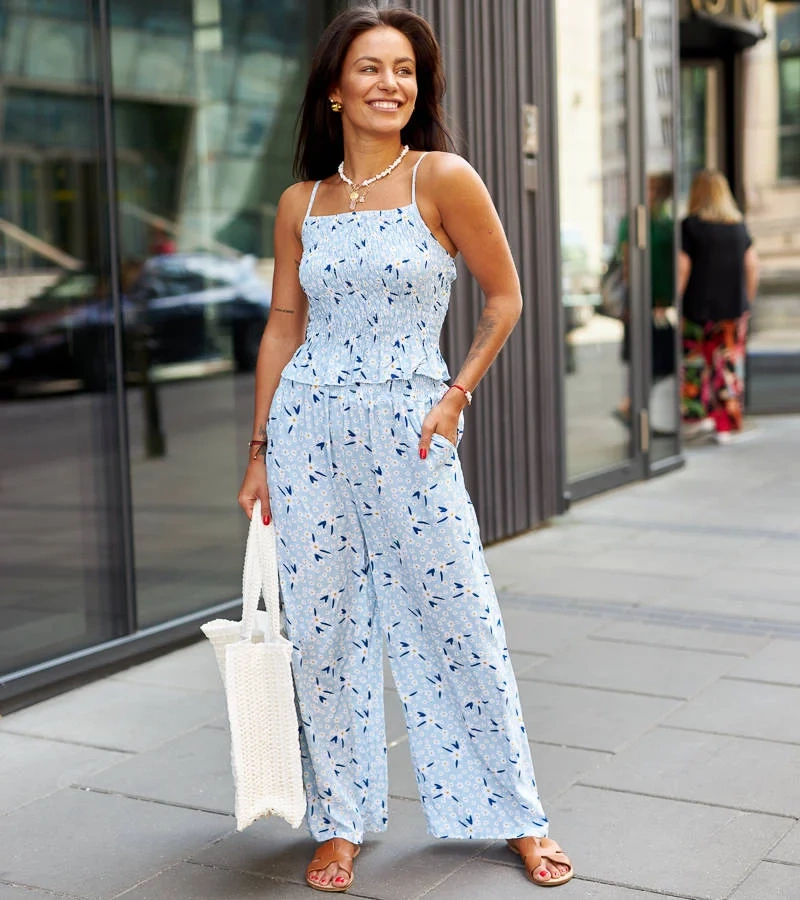 Set albastru cu top fără bretele și pantaloni Lilia