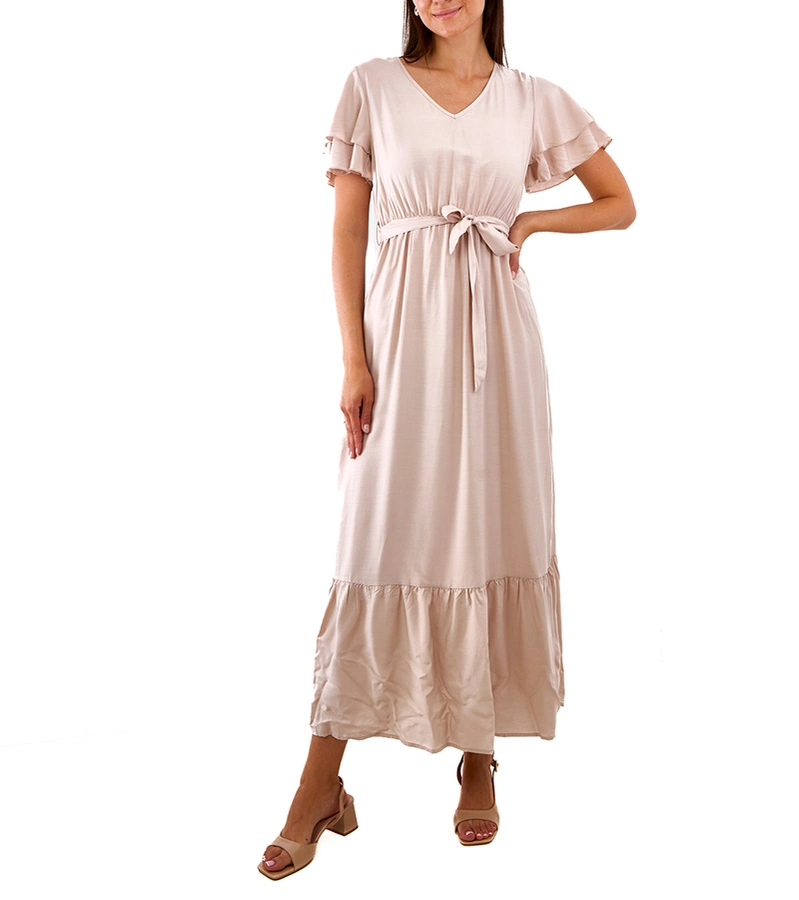 Rochie bej maxi cu mânecă scurtă Akina