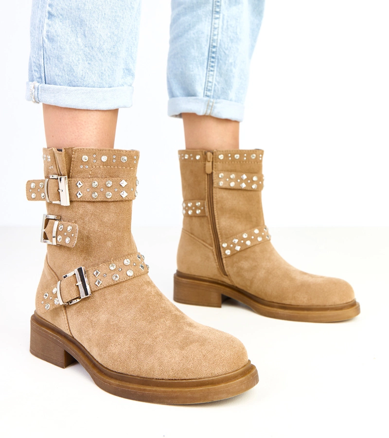 Botine maro cu pietre prețioase pe toc jos Brosca