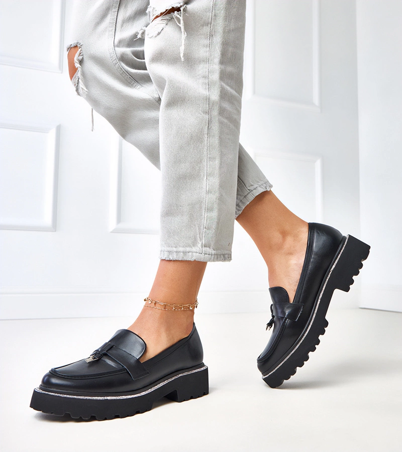 Mocasini negri cu ornament și zirconii Katrena