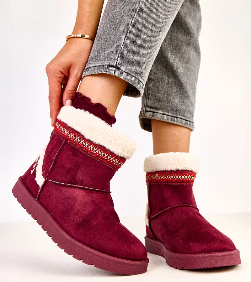 Cizme de zăpadă joase bordo decorate cu broderie Sensila