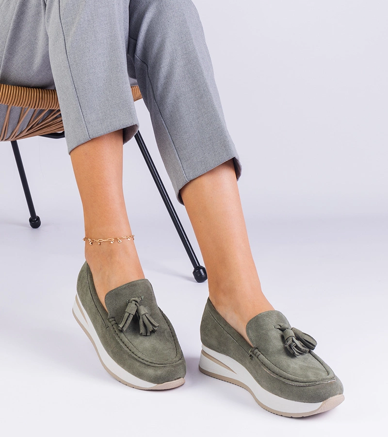 Pantofi verzi pentru femei, tip mocasini, pe platformă, cu ornamente Selerina