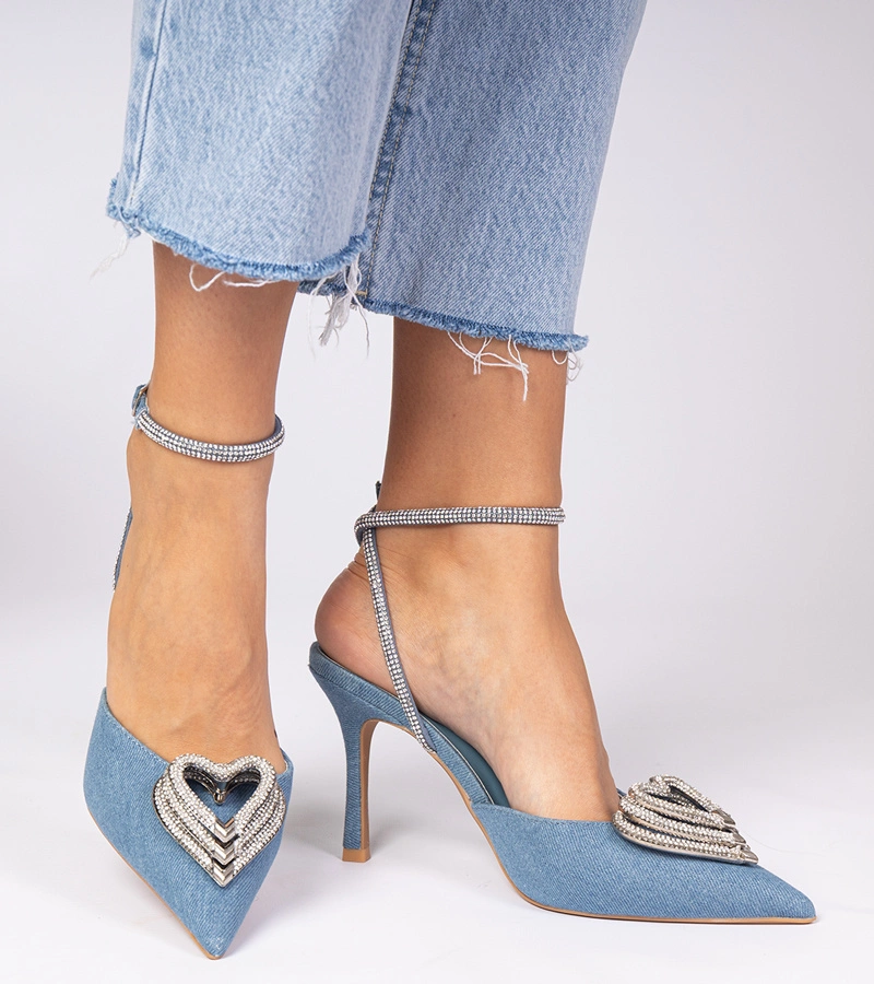Pantofi stiletto albaștri cu toc deschis decorați cu pietre Isoda